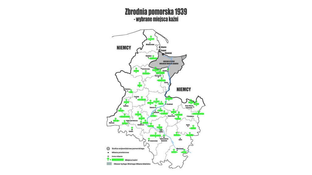 plakat o wybranych miejscach kaźni Zbrodni Pomorskiej 1939