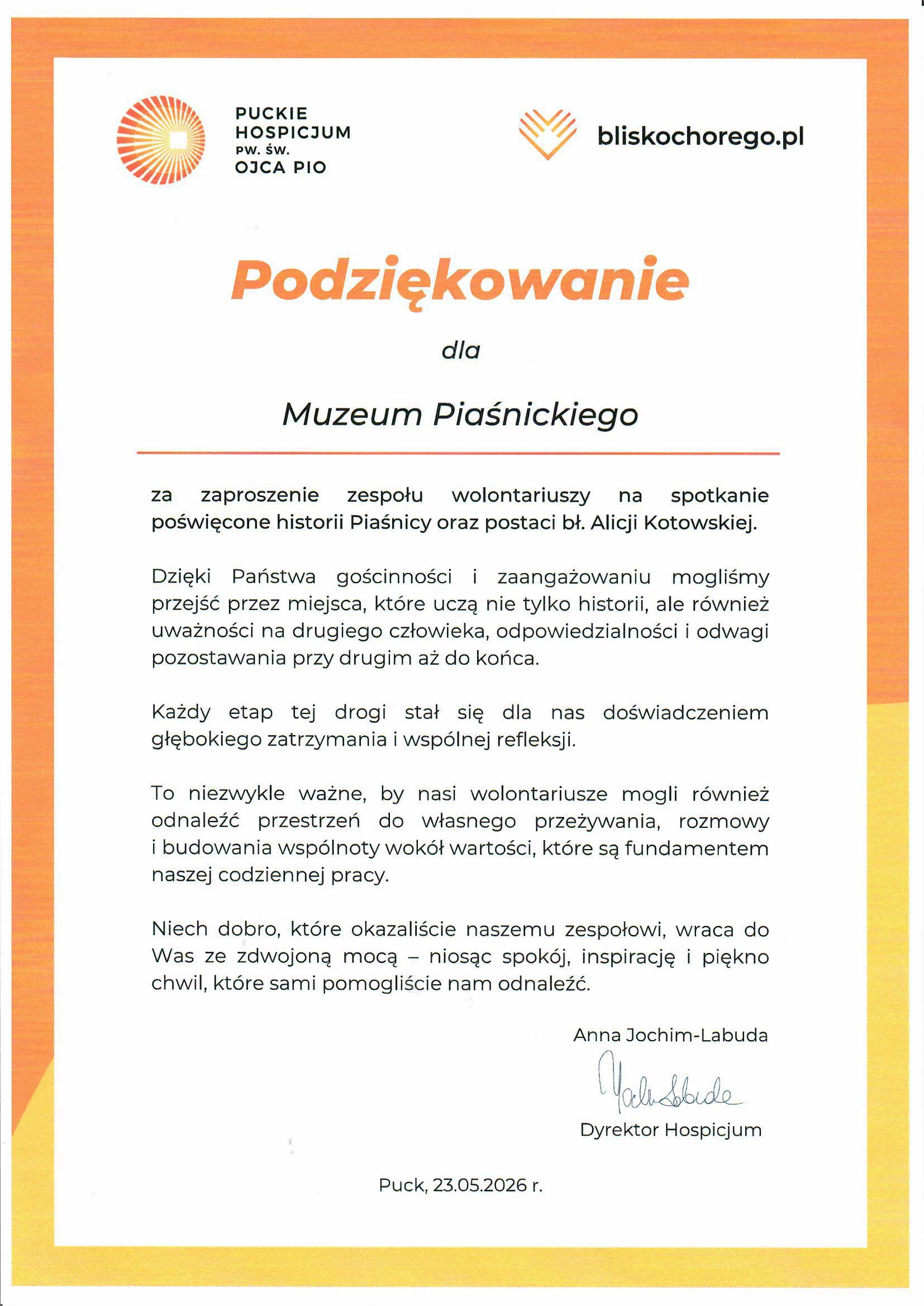 podziękowanie dla Muzeum Piaśnickiego od hospicjum w Pucku