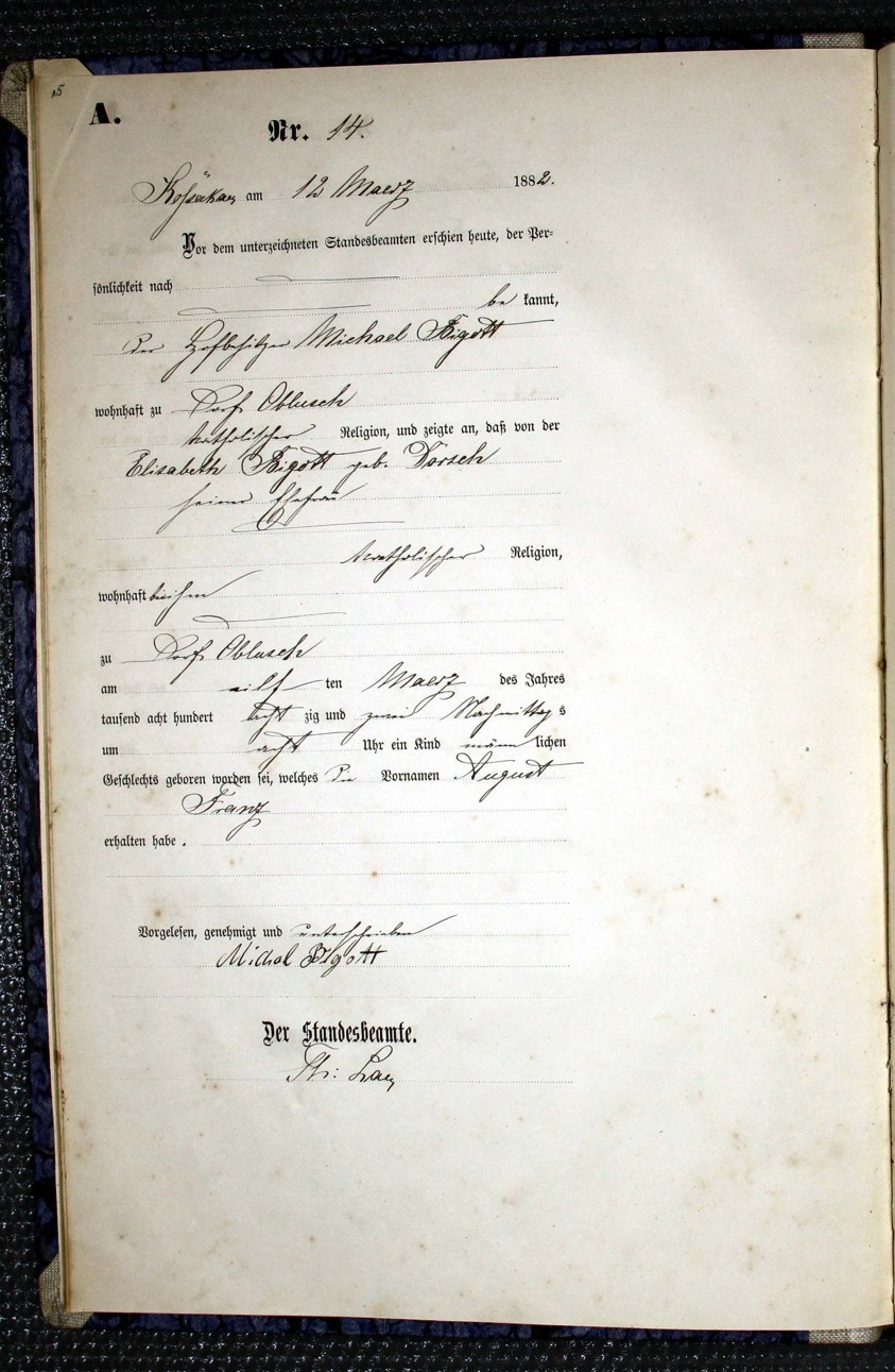 Akt urodzenia Augustyna Bigott