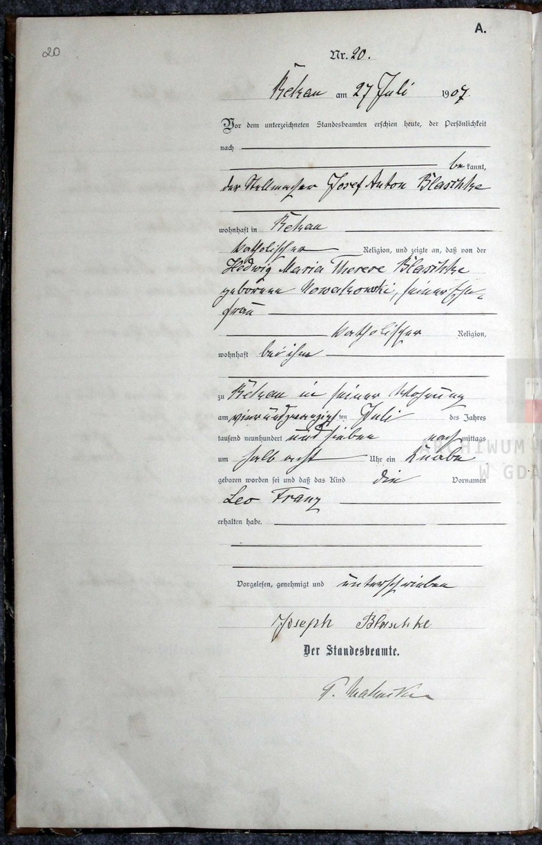 Leon Blaszke akt urodzenia