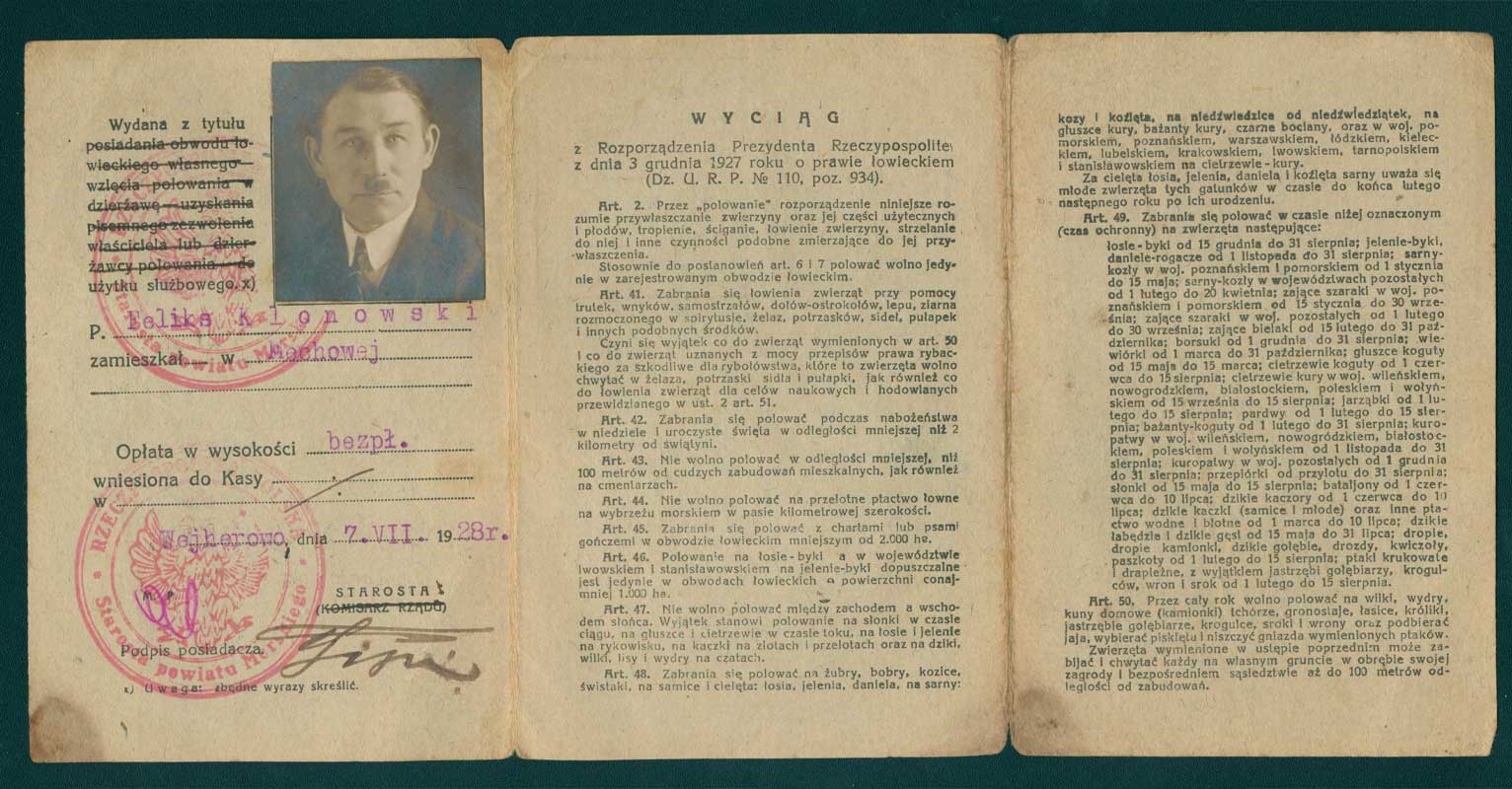 Karta łowiecka Feliksa Klonowskiego strona 1