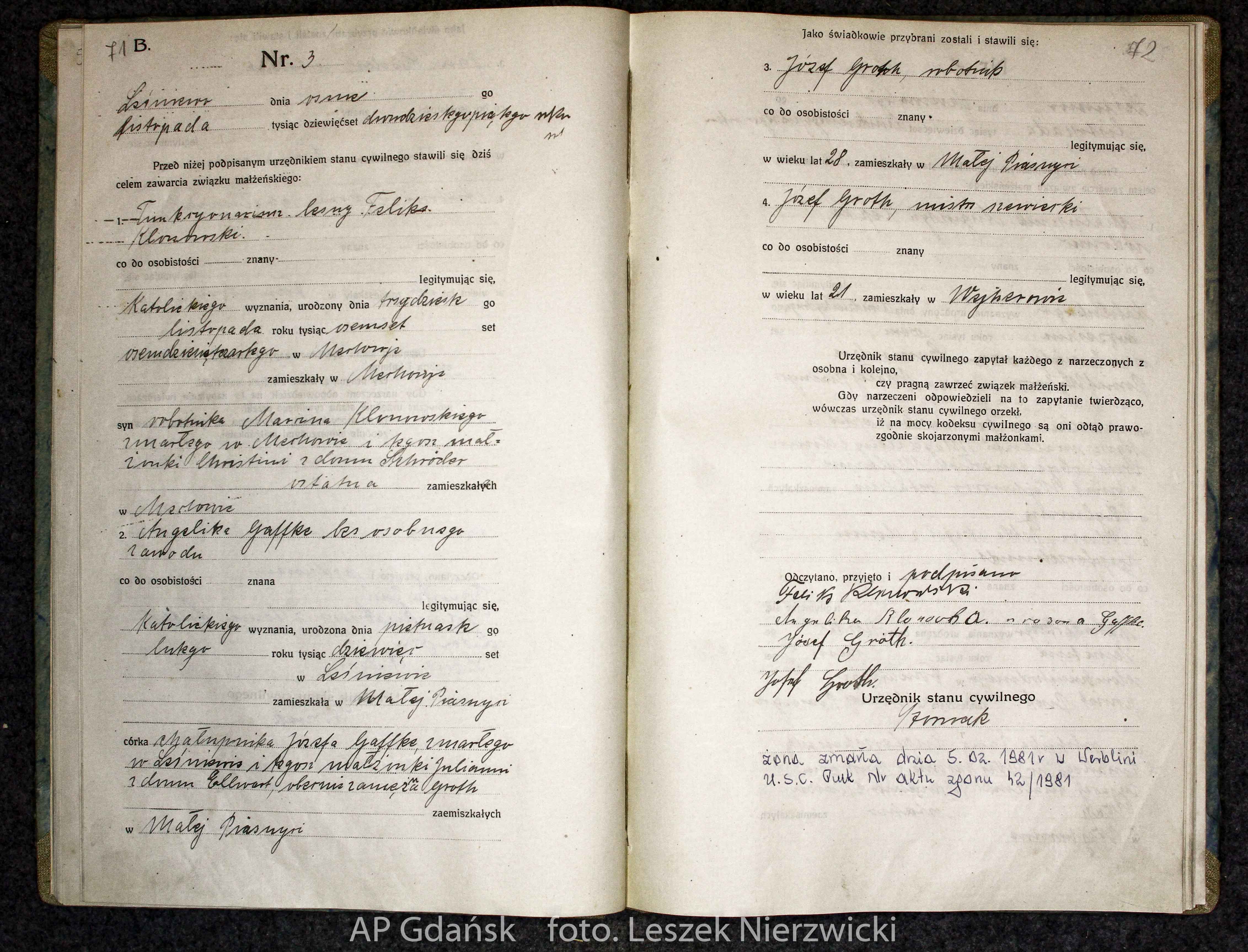 Akt ślubu Feliksa Klonowskiego