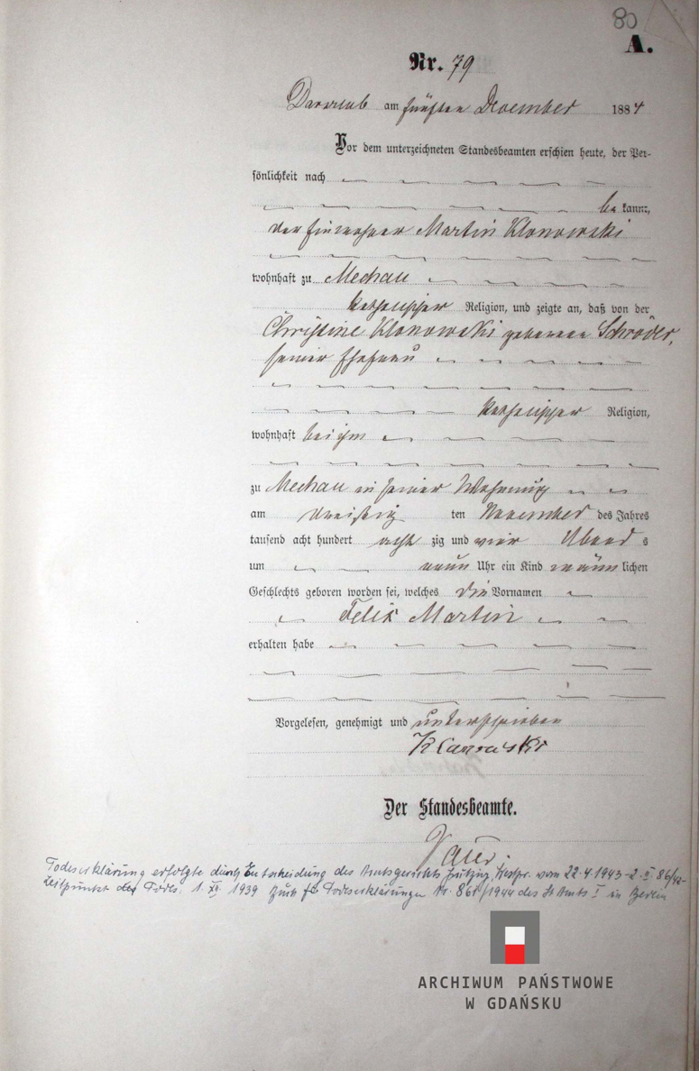 Akt urodzenia Feliksa Klonowskiego