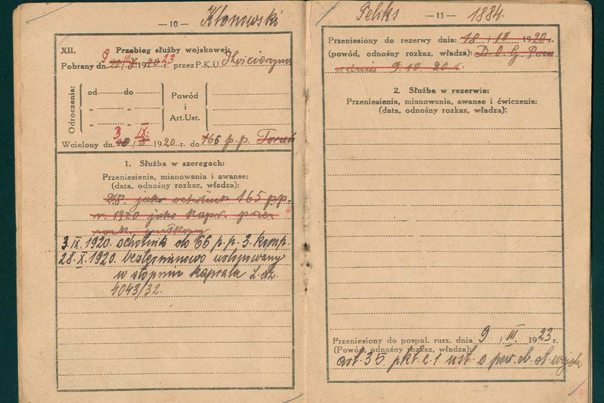 Książeczka wojskowa Feliksa Klonowskiego strony 10-11