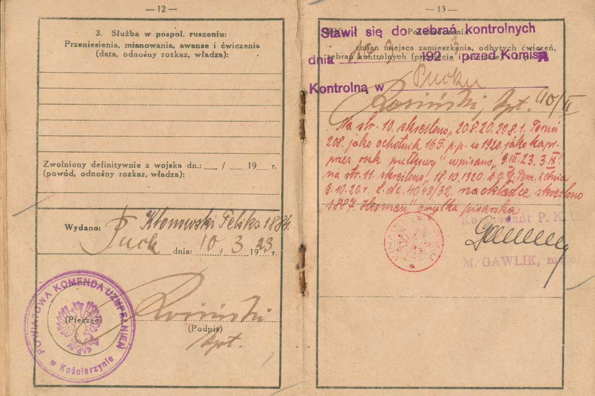 Książeczka wojskowa Feliksa Klonowskiego strony 12-13