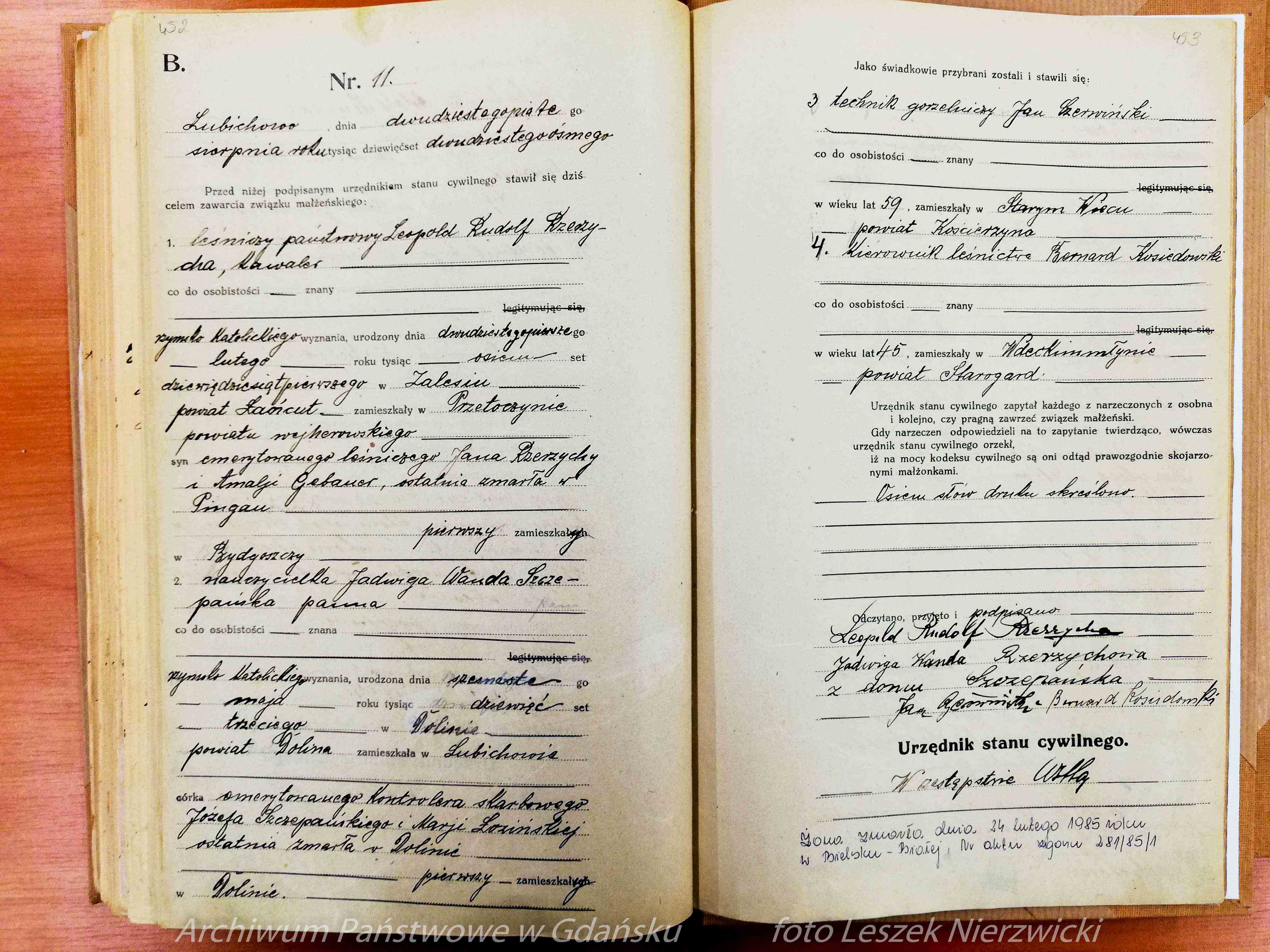 Akt ślubu Leopolda Rudolfa Rzerzychy