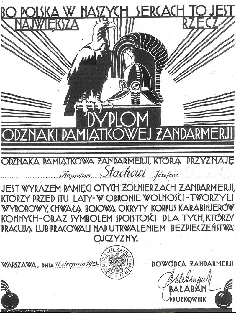 Dyplom odznaki pamiątkowej żandarmerii przyznana Józefowi Stachowi