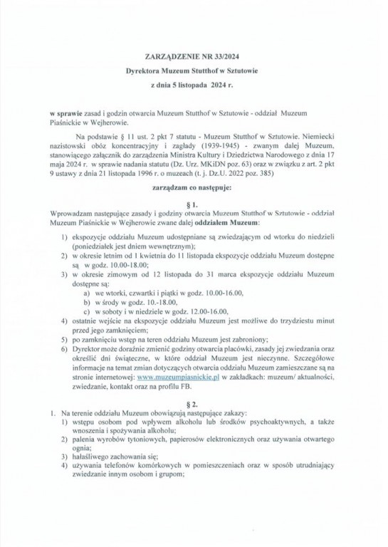zarządzenie dyrektora Muzeum Stutthod z dn. 5 listopada 2024 r.
