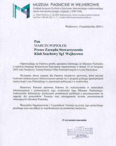 odpowiedź na prośbę o objęcie patronatu honorowego Muzeum Piaśnickiego
